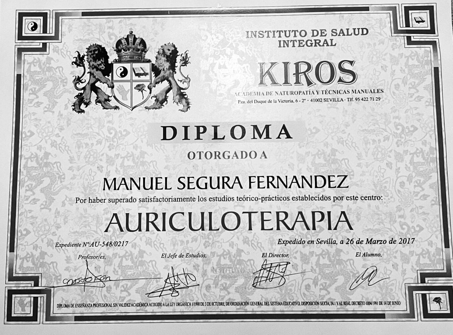 Título Auriculoterapia Manuel Segura Fernández