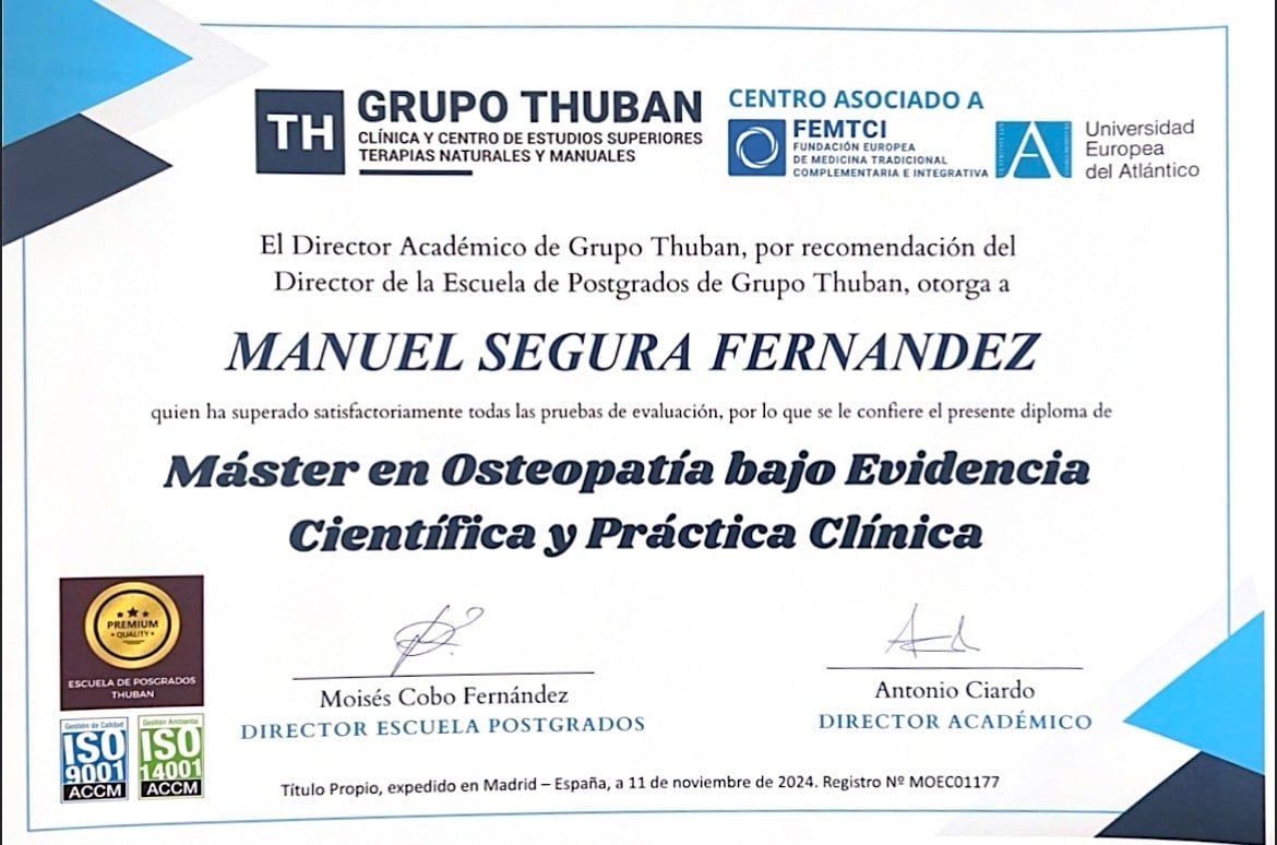 Título Master en osteopatía bajo evidencia científica y práctica clínica Manuel Segura Fernández